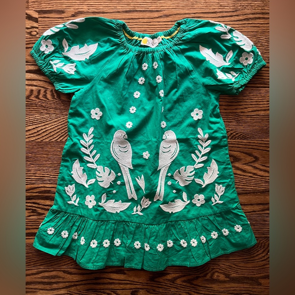 Mini Boden Green Parrot Embroidered Dress